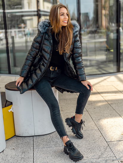 Blouson d'hiver long matelassé à capuche pour femme noir Bolf 7076