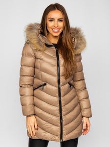 Blouson matelassé long manteau d'hiver avec fourrure naturelle pour femme marron Bolf M688