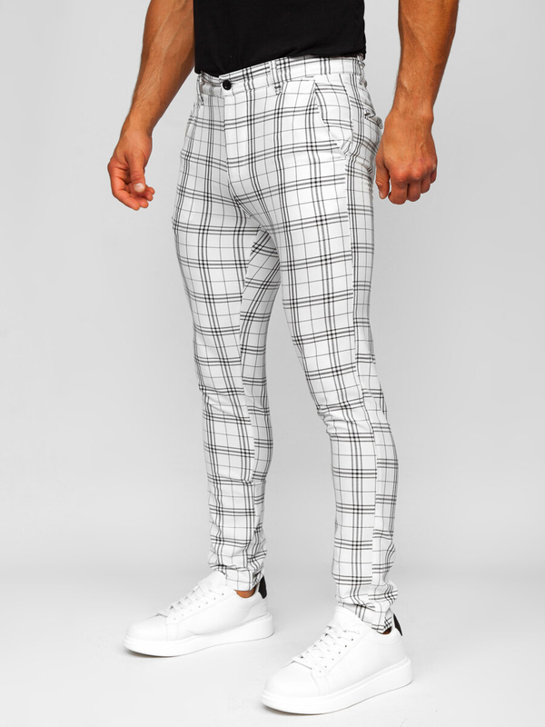 Homme Pantalon élégant à carreaux Blanc Bolf 0054