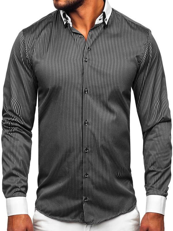 La chemise élégante en rayures avec les manches longues pour homme noire Bolf 0909