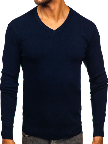 Homme Pull uni col V Bleu foncé Bolf H2405