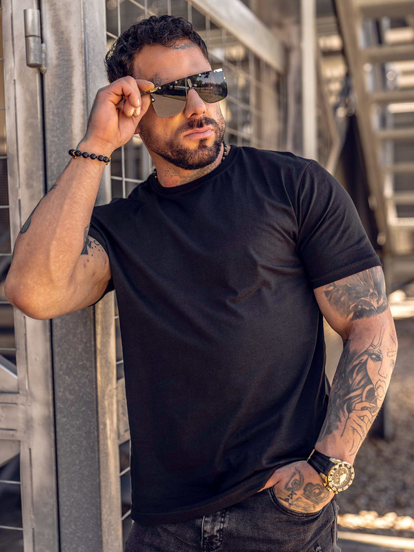 T-shirt homme en coton noir sans imprimé Bolf 192397B