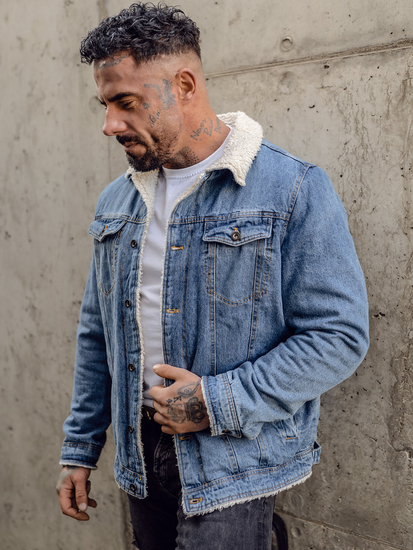 Blouson en jean isolé trucker avec col en peau bleu pour homme Bolf 1157