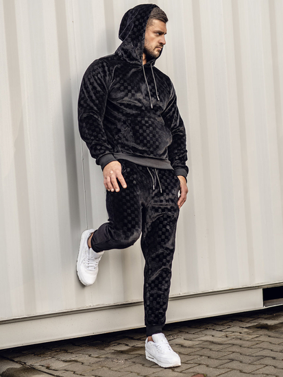 Survêtement en velours à capuche pour homme noir Bolf 3A82