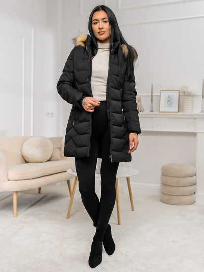 Femme Veste d'hiver avec capuche et fourrure Noir-Marron Bolf 16M9121