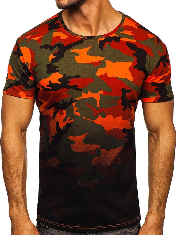 Tee-shirt pour homme vert-orange avec imprimé camo Bolf S808