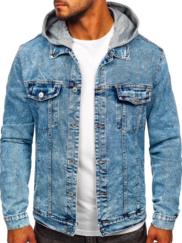 Blouson bleu foncé en jean pour homme à capuche Bolf HY958