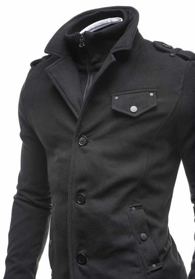 Manteau à boutonnage simple pour homme avec un col haut noir Bolf 8853C