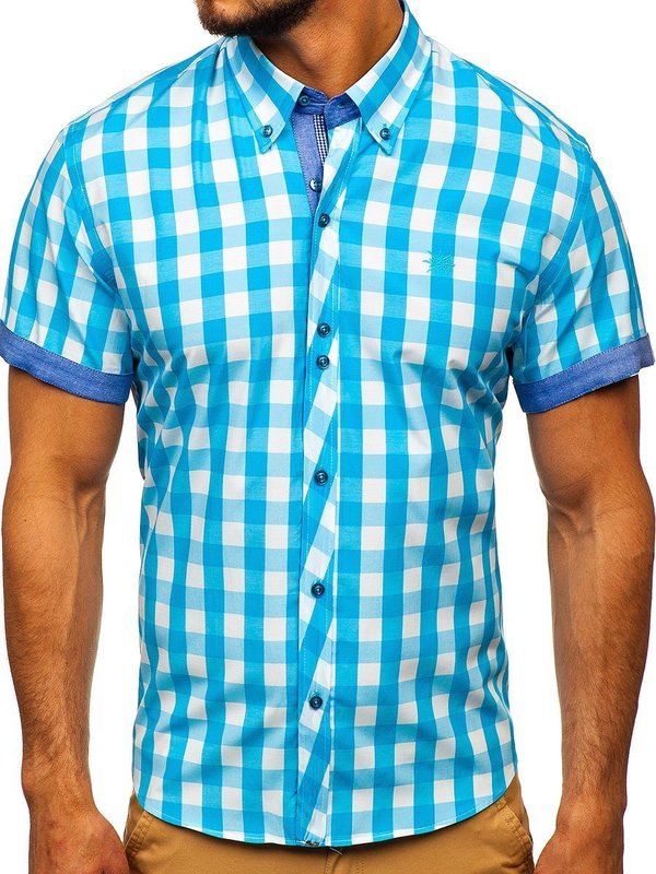 La chemise à carreaux avec les manches courtes pour homme turquoise Bolf 6522