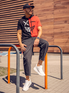 Tee-shirt imprimé à capuche pour homme noir-rouge Bolf 8T981A