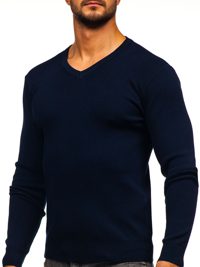 Homme Pull uni col V Bleu foncé Bolf H2405