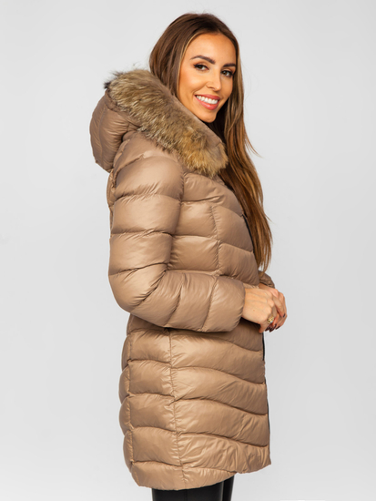 Blouson matelassé long manteau d'hiver avec fourrure naturelle pour femme marron Bolf M688