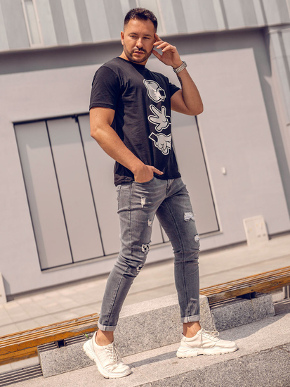 T-shirt noir en coton imprimé pour homme Bolf KS1997A