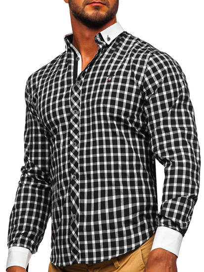 Chemise élégante à manche longue à carreaux pour homme noire Bolf 5737-1