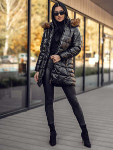 Femme Blouson d'hiver longue matelassée à capuche Noir-Marron Bolf 16M9120