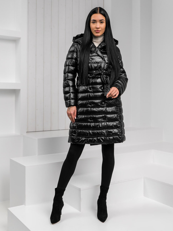 Femme Blouson d'hiver longue matelassée à capuche Noir Bolf 5M3159A1