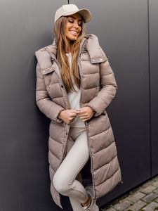 Femme Blouson d'hiver matelassée long à capuche Marron Bolf M689