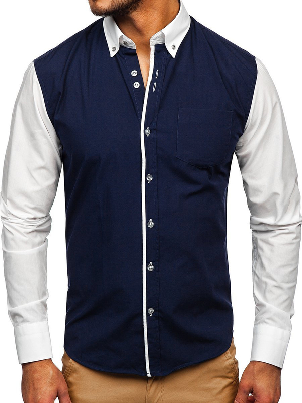 La chemise élégante avec les manches longues pour homme bleue foncée Bolf 6919