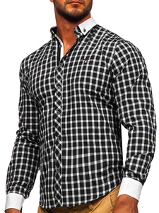 Chemise élégante à manche longue à carreaux pour homme noire Bolf 5737-1