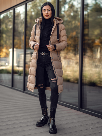 Femme Blouson d'hiver long matelassé à capuche Camel Bolf 5M736