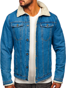 Blouson en jean isolé trucker avec col en peau bleu pour homme Bolf 1157