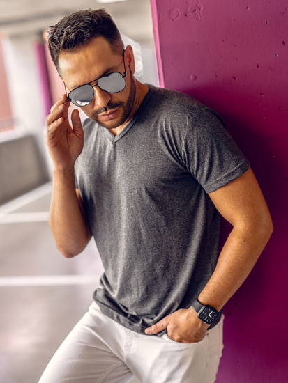 T-shirt uni col V anthracite pour homme Bolf 192131A