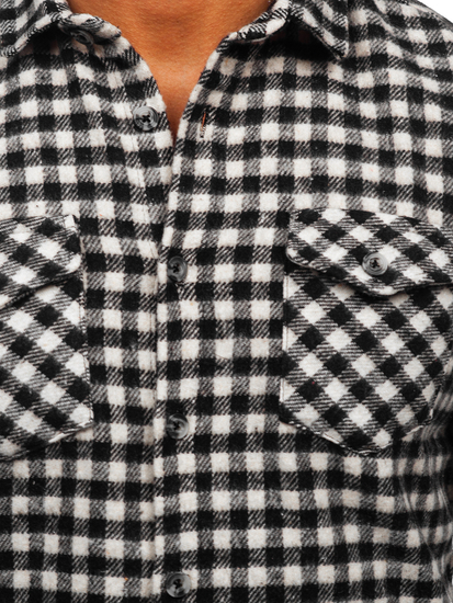 Chemise en flanelle à carreaux à manche longue pour homme noire-blanche Bolf 22701