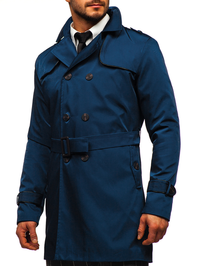 Manteau trench à double boutonnage avec col montant et ceinture pour homme bleu clair Bolf 0001