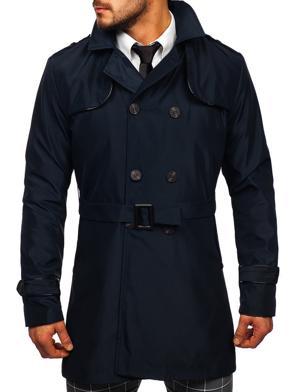 Manteau trench-coat à double rangée avec col haut et ceinture pour homme bleu foncé Bolf 0001