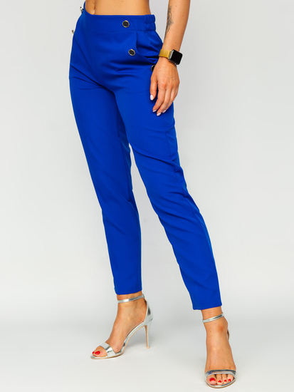 Pantalon en tissu avec boutons décoratifs pour femme bleu moyen Bolf 8155