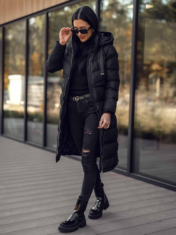 Blouson d'hiver long matelassé à capuche pour femme noir Bolf 5M736