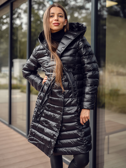 Femme Blouson d'hiver longue matelassée à capuche Noir Bolf 5M3159