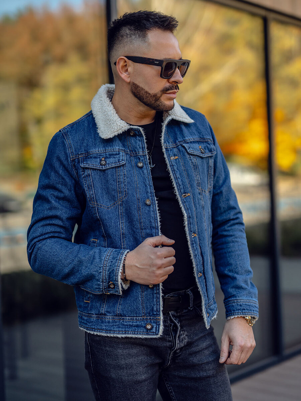Blouson en jean isolé trucker avec col en peau bleu foncé pour homme Bolf 1156