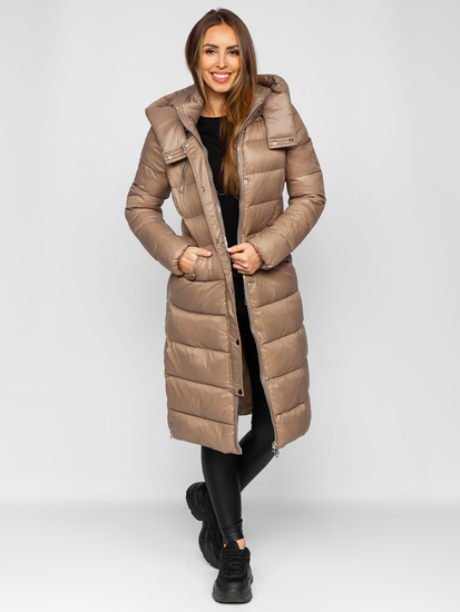 Femme Blouson d'hiver matelassée long à capuche Marron Bolf M689