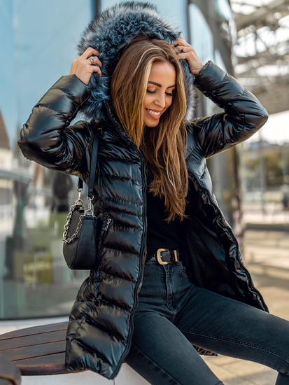 Blouson d'hiver long matelassé à capuche pour femme noir Bolf 7076