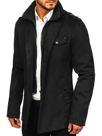Manteau à boutonnage simple pour homme avec un col haut noir Bolf 8853