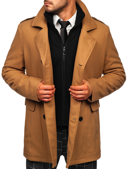 Manteau d'hiver à double boutonnage pour homme camel vec col montant supplémentaire amovible Bolf 8805
