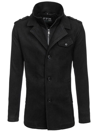 Manteau à boutonnage simple pour homme avec un col haut noir Bolf 8853C