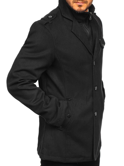 Manteau à boutonnage simple pour homme avec un col haut noir Bolf 8853