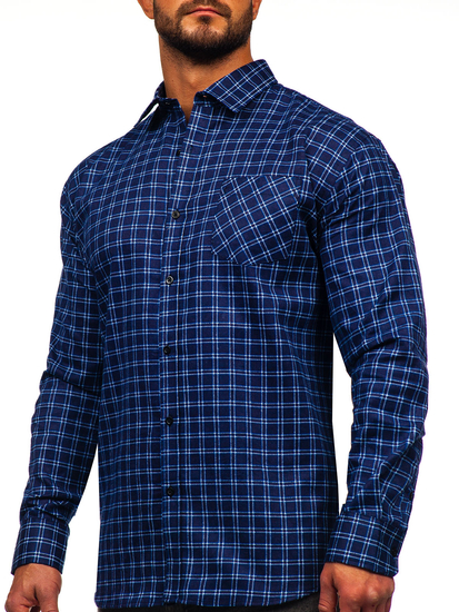Homme Chemise de flanelle à manches longues à carreaux Bleu foncé-Blanc Bolf F4