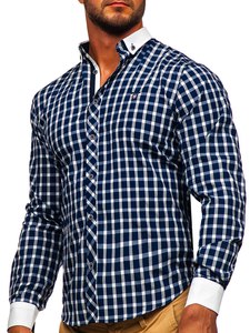 Chemise élégante à manche longue à carreaux pour homme bleue foncée Bolf 5737-1