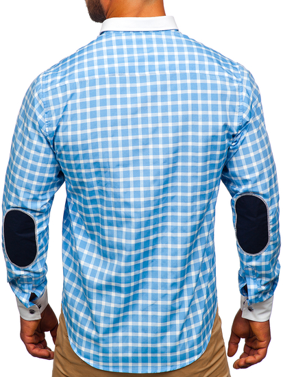 Chemise élégante à manche longue à carreaux pour homme bleue claire Bolf 5737-1
