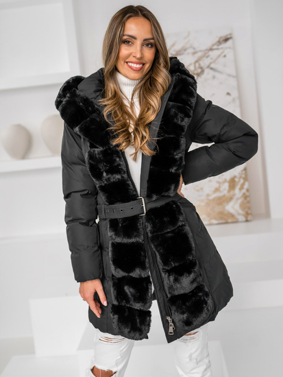 Femme Blouson d'hiver matelassée long à capuche Noir Bolf 5M3158