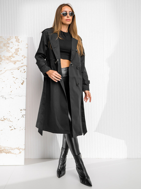 Blouson manteau long trench-coat avec ceinture 2en1 pour femme noir Bolf AG3011