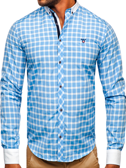 Chemise élégante à manche longue à carreaux pour homme bleue claire Bolf 5737-1