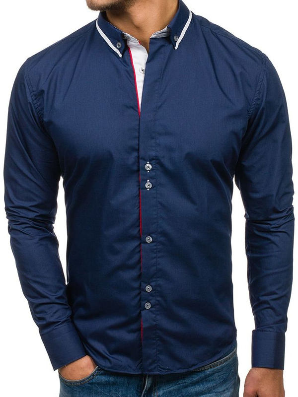 La chemise élégante avec les manches longues pour homme bleue foncée Bolf 6857