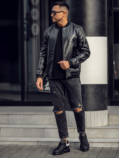 Blouson bomber en cuir pour homme noir Bolf 6803B