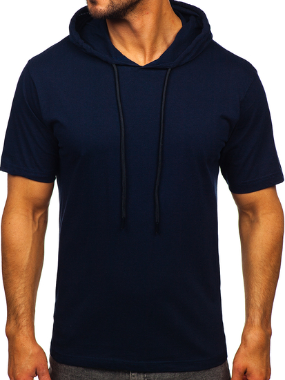 Tee-shirt en coton sans imprimé à capuche pour homme bleu foncé Bolf 14513