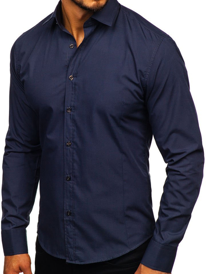 Chemise élégante bleu marine à manches longues pour homme Bolf 1703