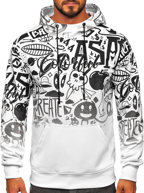 Sweat-shirt kangourou imprimé à capuche pour homme blanc Bolf 8B995